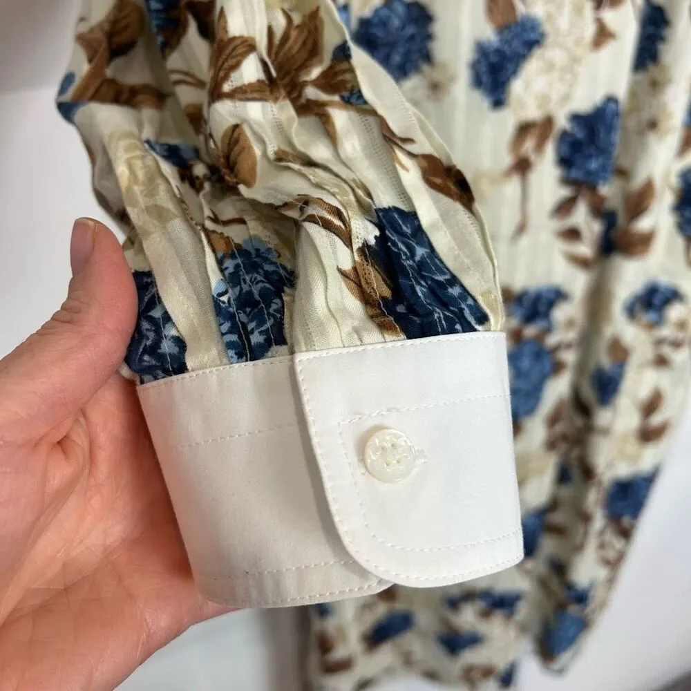 Tory Burch Dress XL Floral Tunic Midi Shirtdress Round Neck Long Sleeve Toile